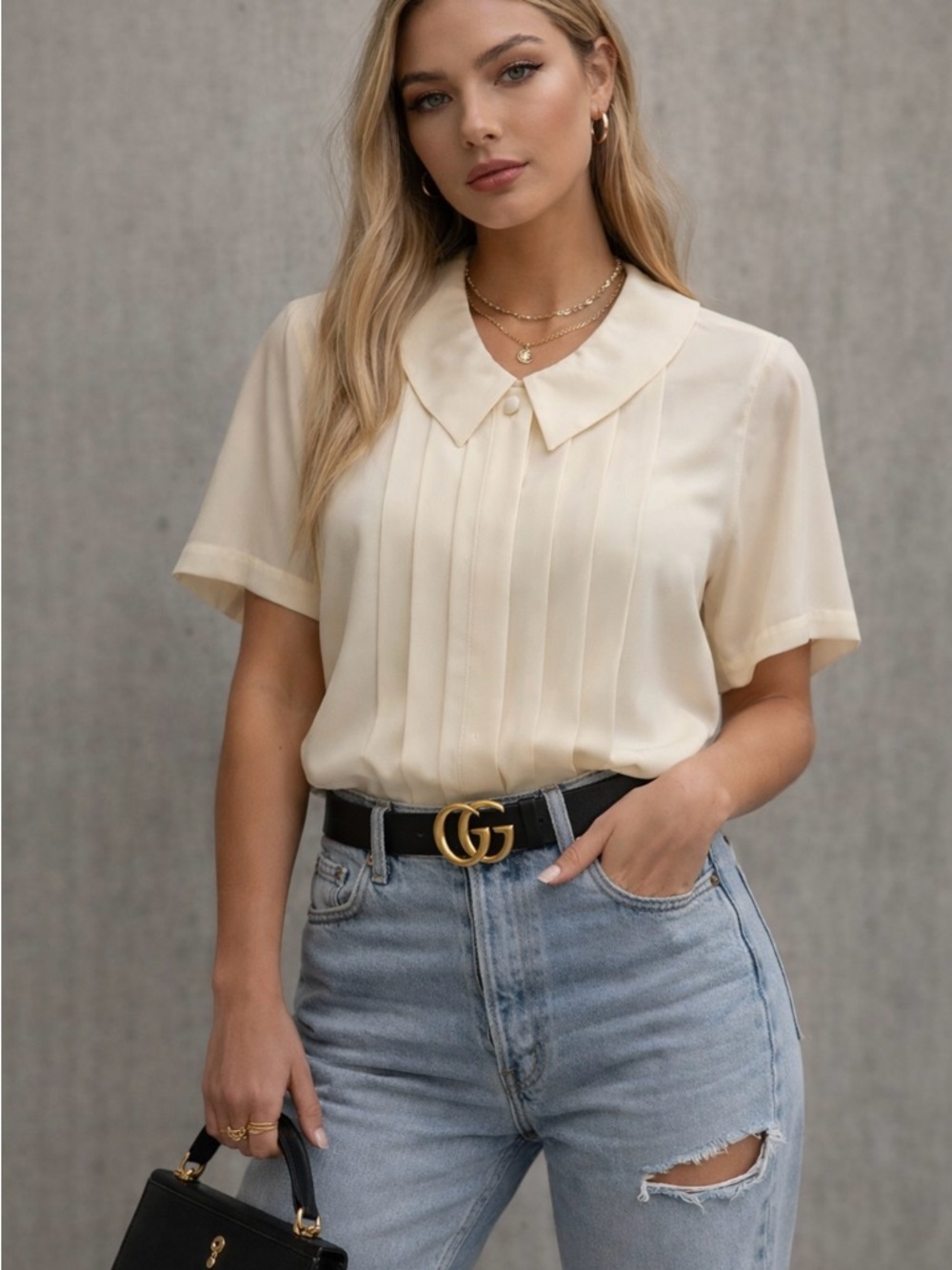 Vintage-Inspired Peter Pan Collar Blouse Cream Pleated Front Coquette Minimalist